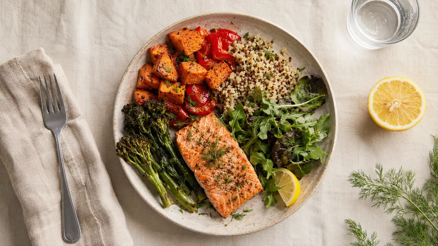 A Plate Protocol dinner: salmon with roasted sweet potato, broccolini, tomato, quinoa, and greens